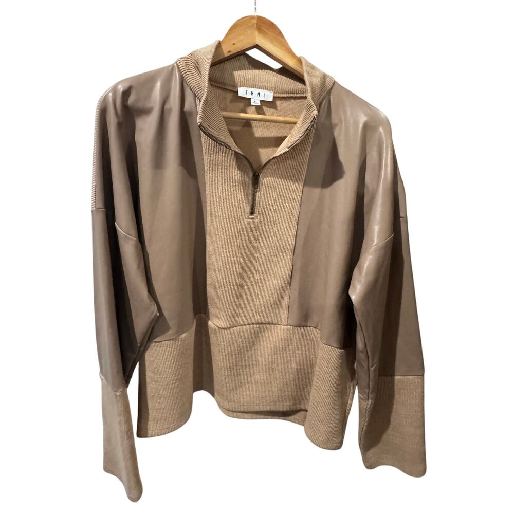THML Brown Knit Faux Leather Quarter Zip XL